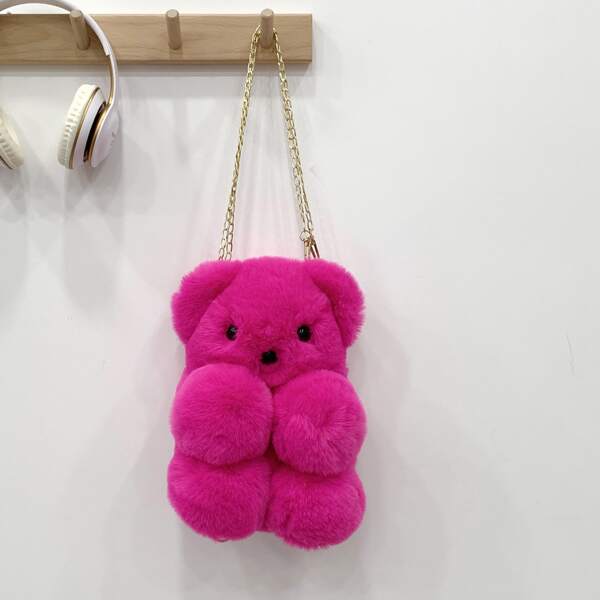 

Cartoon Bear Design Fluffy Crossbody Bag, Hot pink