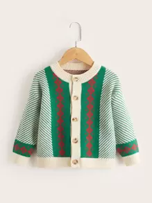 SHEIN Little Girls' Color-blocking Geometric Pattern Cardigan Sweater