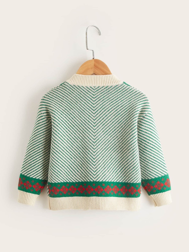 SHEIN 小女孩拼色幾何圖案開襟毛衣 - 綠色 - 查看 2