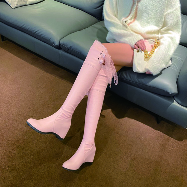 

Lace Decor Over The Knee Wedge Boots, Pink