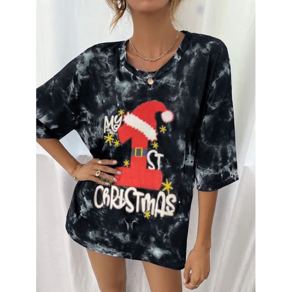 

Tie Dye Christmas Hat & Letter Graphic Drop Shoulder Tee, Multicolor