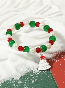 1pc New Carton Reindeer & Christmas Tree & Beaded Bracelet, Great Gift For Men & Women During Christmas Holiday - Multicolor - View 1