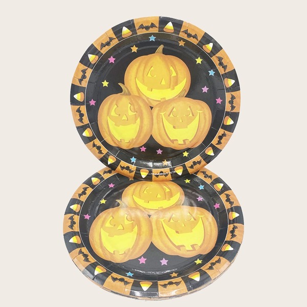 

10pcs Halloween Pumpkin Print Disposable Plate, Multicolor
