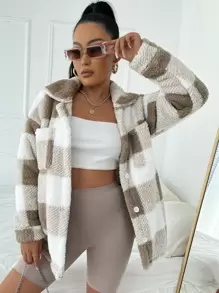 SHEIN SXY Buffalo Plaid Print Pocket Patched Fleece Coat - Multicolor - View 1