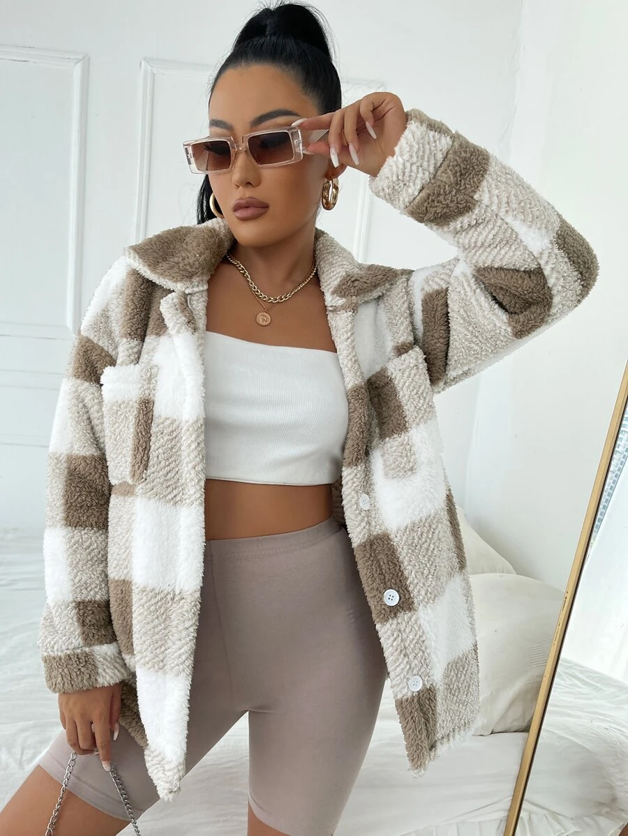 SHEIN SXY Buffalo Plaid Print Pocket Patched Fleece Coat - Multicolor - View 1