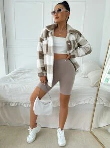 SHEIN SXY Buffalo Plaid Print Pocket Patched Fleece Coat - Multicolor - View 3