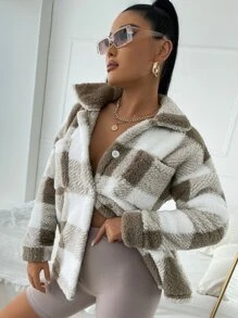 SHEIN SXY Buffalo Plaid Print Pocket Patched Fleece Coat - Multicolor - View 4