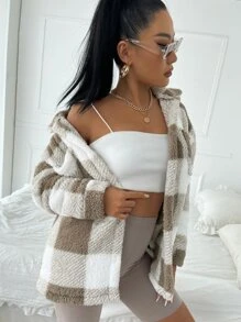 SHEIN SXY Buffalo Plaid Print Pocket Patched Fleece Coat - Multicolor - View 6