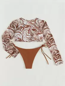 Swim SXY Summer Beach Marbled Print Bikini Set Long Sleeve Cup Detail Top & Tie Side Swim Bottom 2 Pieces Bikini Bathing Suit - Coffee Brown - View 2