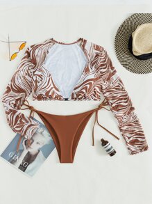 Swim SXY Summer Beach Marbled Print Bikini Set Long Sleeve Cup Detail Top & Tie Side Swim Bottom 2 Pieces Bikini Bathing Suit - Coffee Brown - View 4