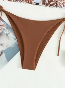 Swim SXY Summer Beach Marbled Print Bikini Set Long Sleeve Cup Detail Top & Tie Side Swim Bottom 2 Pieces Bikini Bathing Suit - Coffee Brown - View 5