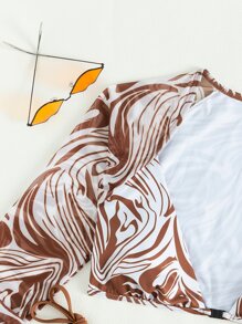 Swim SXY Summer Beach Marbled Print Bikini Set Long Sleeve Cup Detail Top & Tie Side Swim Bottom 2 Pieces Bikini Bathing Suit - Coffee Brown - View 6