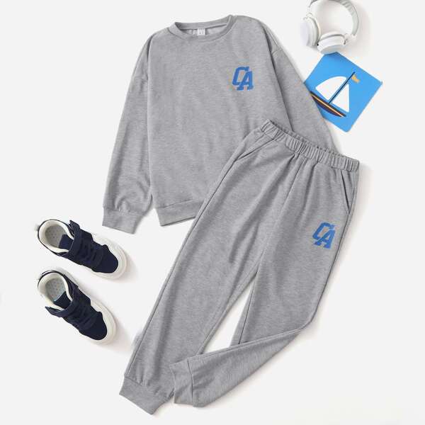 

Boys Letter Graphic Drop Shoulder Sweatshirt & Sweatpants, Light grey
