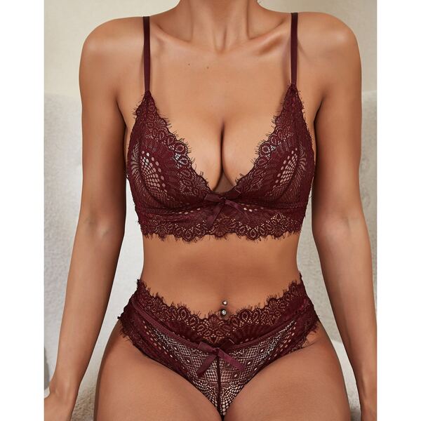 

Floral Lace Lingerie Set, Rust brown