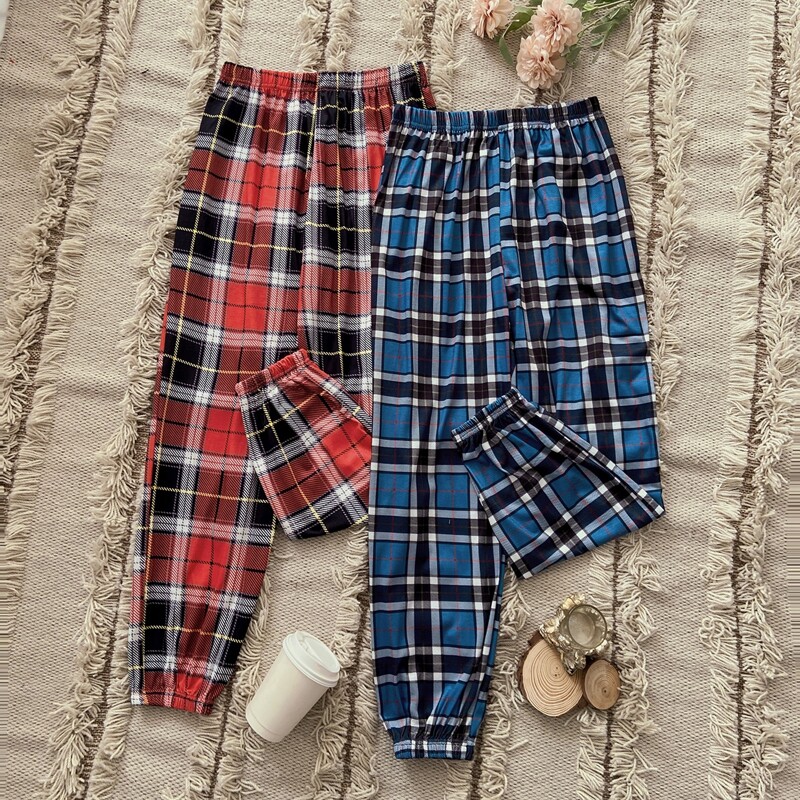 

2pcs Plaid Print Sleep Pants, Multicolor