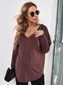SHEIN Maternity Drop Shoulder Drawstring Sweatshirt - Maroon - View 1