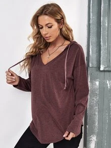 SHEIN Maternity Drop Shoulder Drawstring Sweatshirt - Maroon - View 3
