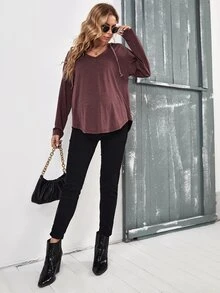 SHEIN Maternity Drop Shoulder Drawstring Sweatshirt - Maroon - View 4