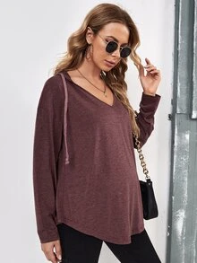 SHEIN Maternity Drop Shoulder Drawstring Sweatshirt - Maroon - View 5
