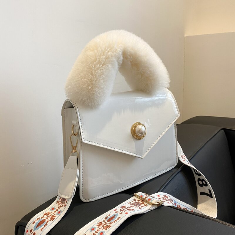 

Faux Pearl Decor Flap Satchel Bag, White
