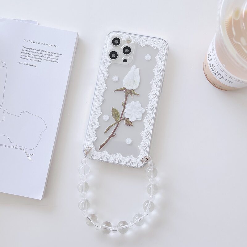 

Flower Pattern Phone Case With Beaded Hand Strap, Multicolor