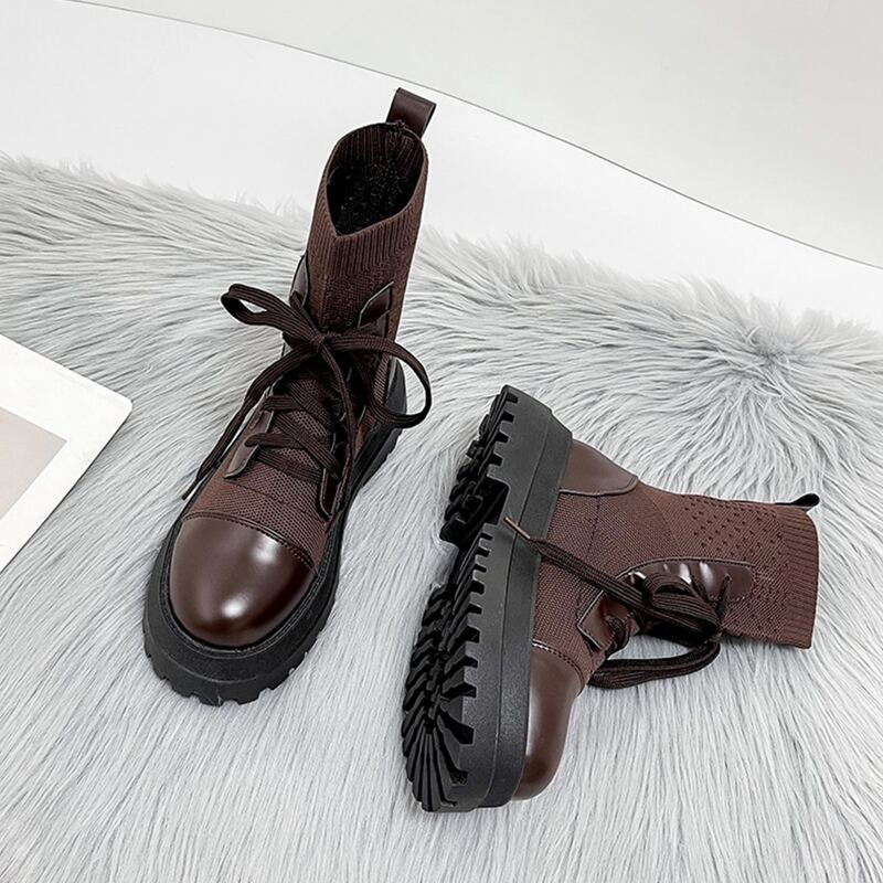 Minimalist Lace Up Front Sock Boots, Brown