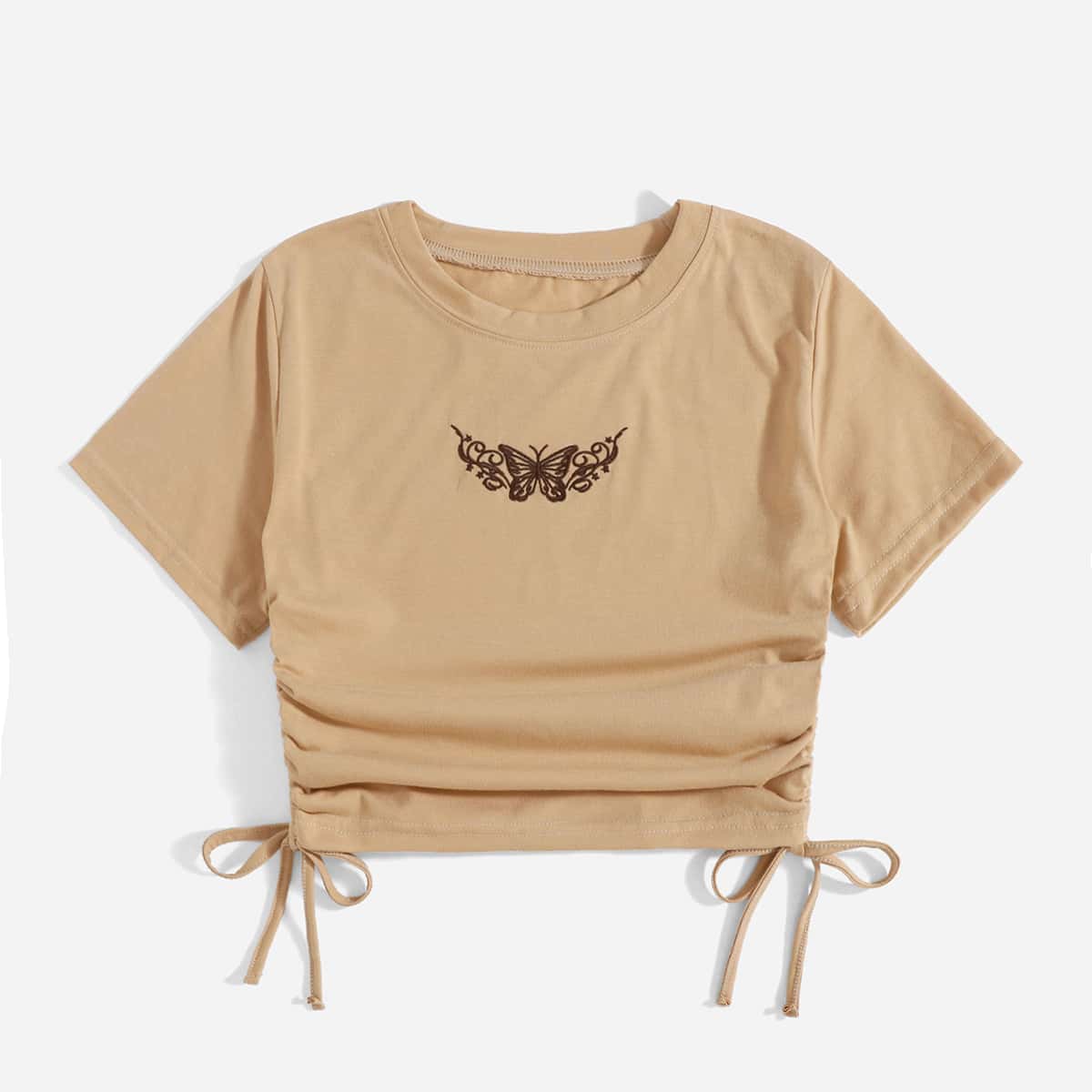 

Butterfly Embroidery Drawstring Crop Tee, Khaki