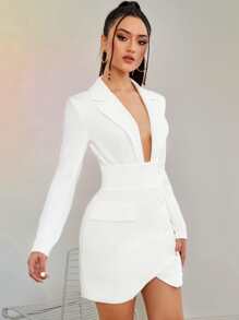 SHEIN Privé Plunge Neck Asymmetrical Hem Dress - White - View 3