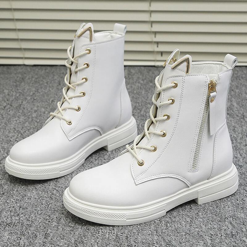 

Metal Ear Decor Lace Up Front Boots, White