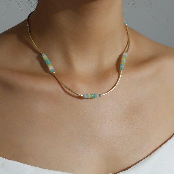 

16K Gold Plated Bead Decor Necklace, Multicolor
