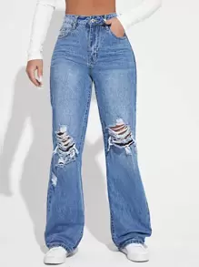 SHEIN Essnce High Waist Ripped Jeans - Medium Wash - View 1