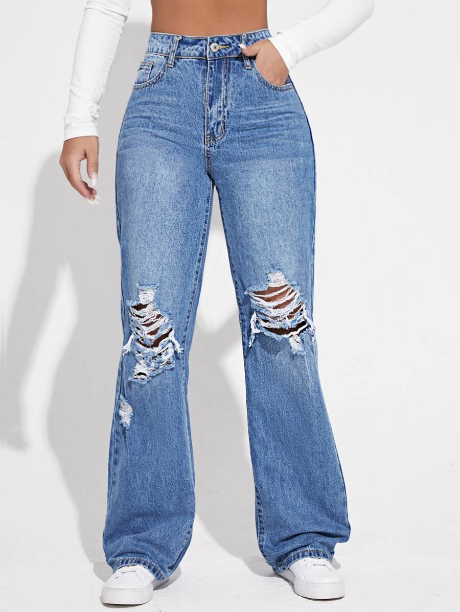 SHEIN Essnce High Waist Ripped Jeans - Medium Wash - View 1