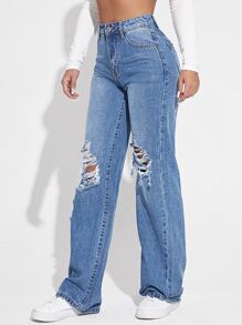 SHEIN Essnce High Waist Ripped Jeans - Medium Wash - View 5