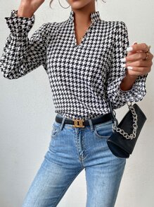 Mulvari 千鸟格缺口领荷叶边袖衬衫，长袖上衣 - 黑與白 - 查看 4