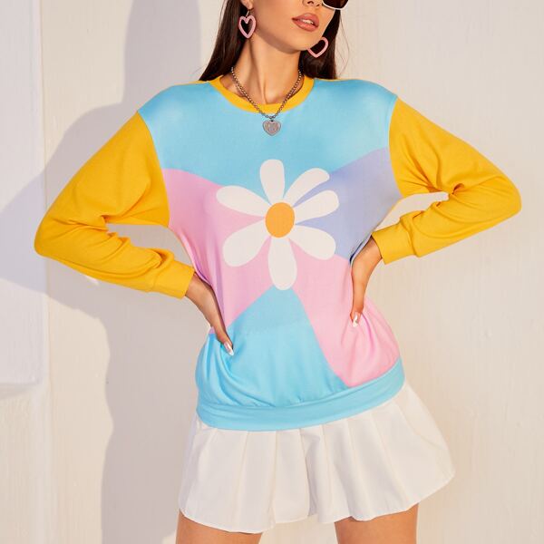 

Colorblock & Floral Print Drop Shoulder Sweatshirt, Multicolor