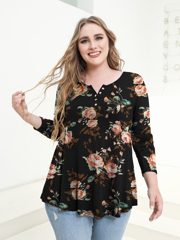 AAmilife Camiseta con estampado floral con diseño de botón