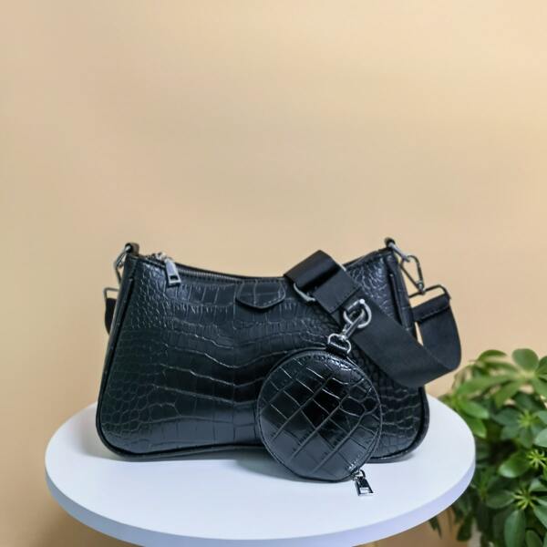 

Croc Embossed Shoulder Bag With Coin Purse, Black