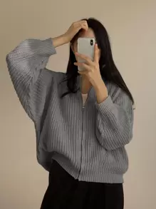 DAZY Solid Drop Shoulder Zip Up Cardigan - Grey - View 3