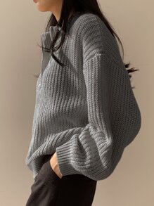 DAZY Solid Drop Shoulder Zip Up Cardigan - Grey - View 4