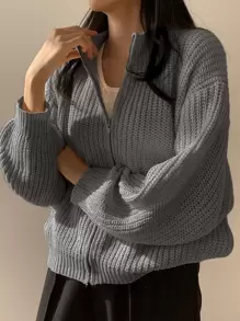 DAZY Solid Drop Shoulder Zip Up Cardigan - Grey - View 1