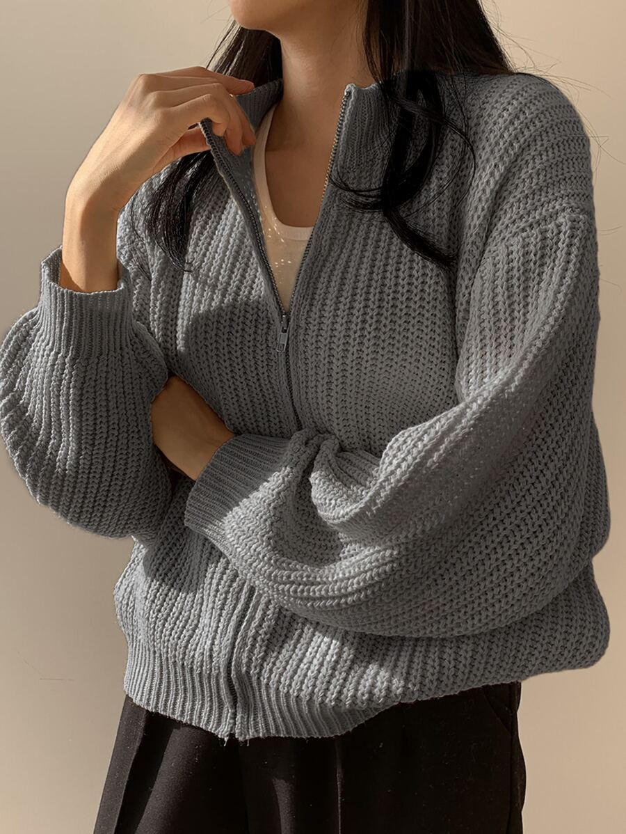 DAZY Solid Drop Shoulder Zip Up Cardigan - Grey - View 1