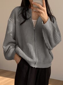 DAZY Solid Drop Shoulder Zip Up Cardigan - Grey - View 2