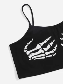 ROMWE PUNK Plus Skeleton Finger Print Crop Cami Top - Black - View 5