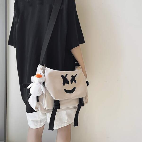 

Men Colorblock Doll Decor Square Bag, White