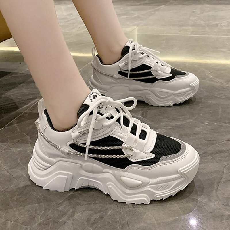 

Lace Up Front Mesh Panel Chunky Sneakers, Black