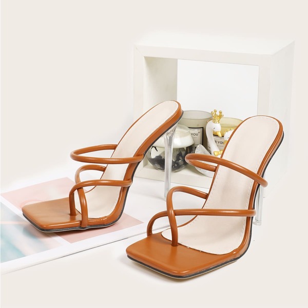 

Criss Cross Stiletto Heeled Thong Sandals, Brown
