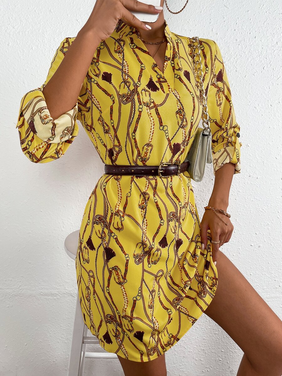 SHEIN LUNE 錬條圖案捲邊袖不附腰帶連衣裙 - 芥末黃 - 查看 1
