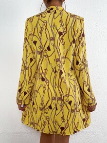 SHEIN LUNE 錬條圖案捲邊袖不附腰帶連衣裙 - 芥末黃 - 查看 2
