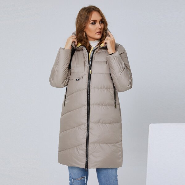 

Plus Zipper Placket Flap Pocket Hooded Winter Coat, Camel