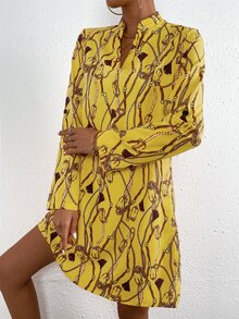 SHEIN LUNE 錬條圖案捲邊袖不附腰帶連衣裙 - 芥末黃 - 查看 4